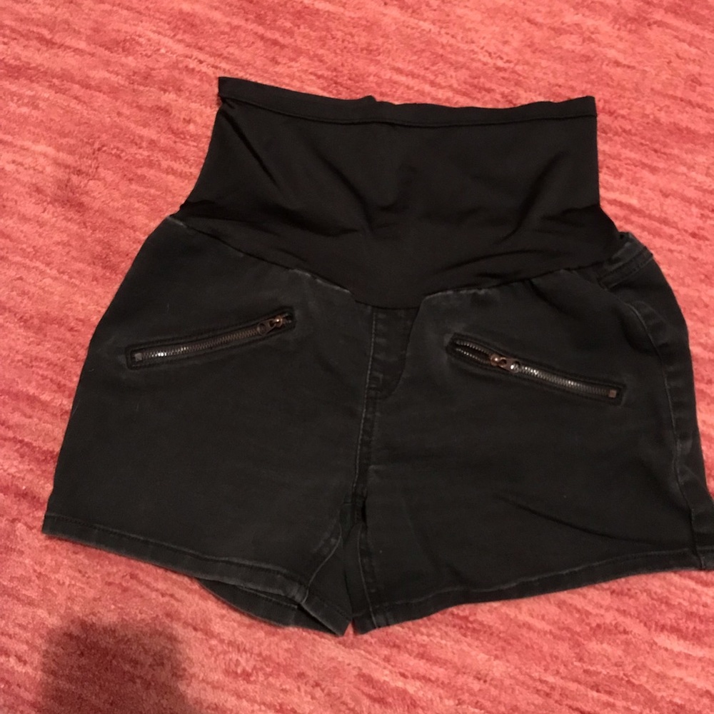 Black denim shorts, maternity, over the belly